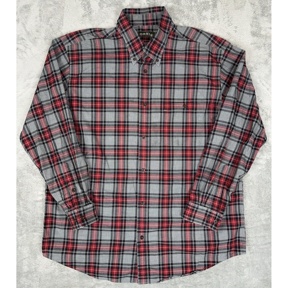 ORVIS Flannel Shirt Size XXL-T Gray Red Plaid Heavyweight Outdoor Casual